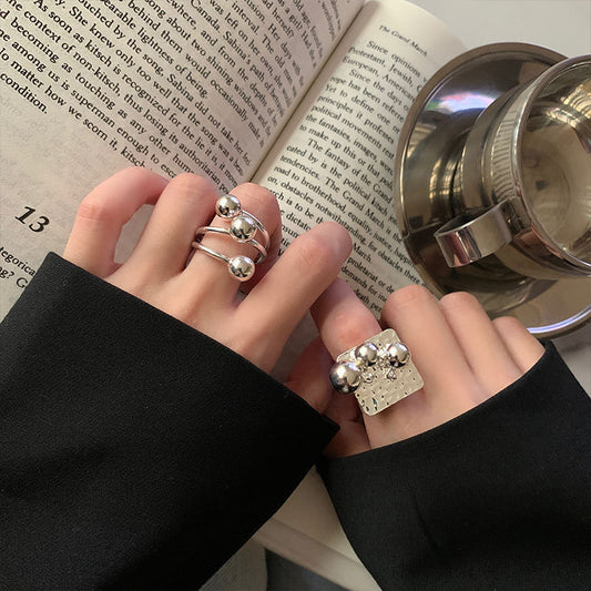 925 Sterling Silver Korean Version Ring Female Ins Niche Design Sense Exaggerated Personality Versatile Geometric Ball Light Pasta Ring