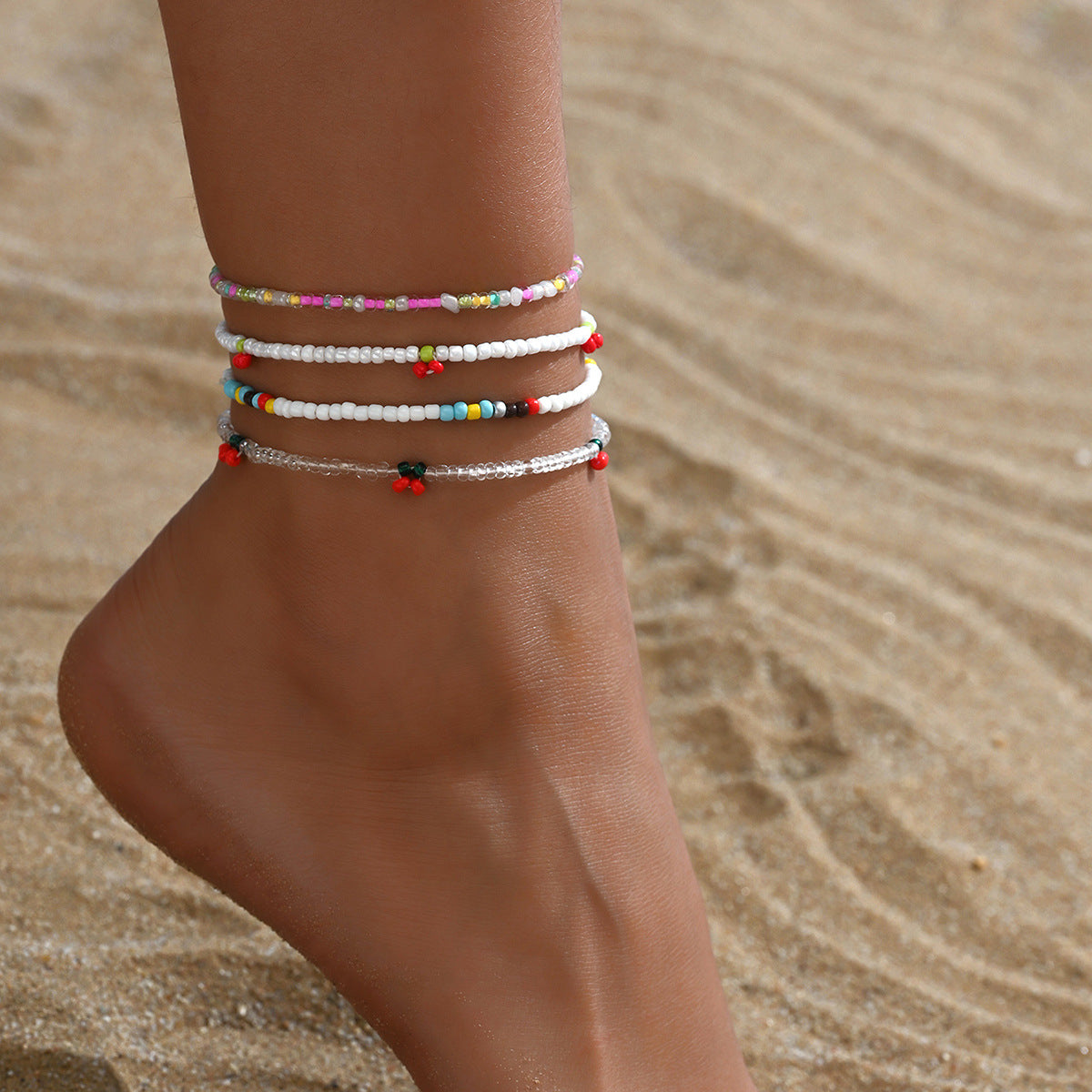 European and American Jewelry Summer Small Cherry Rice Bead Anklet Simple Creative Bracelet Multi-purpose Beach Anklet Four-piece Set