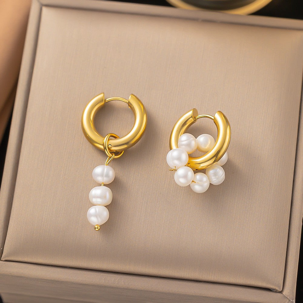 European and American Retro Fashion Versatile Titanium Steel Geometric Pearl Earrings