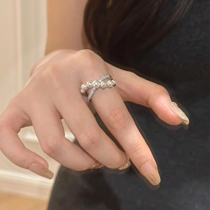 French Pearl Zircon Cross Design Ring, New High-end Fashion Versatile Ring, Open Light Luxury Wholesale