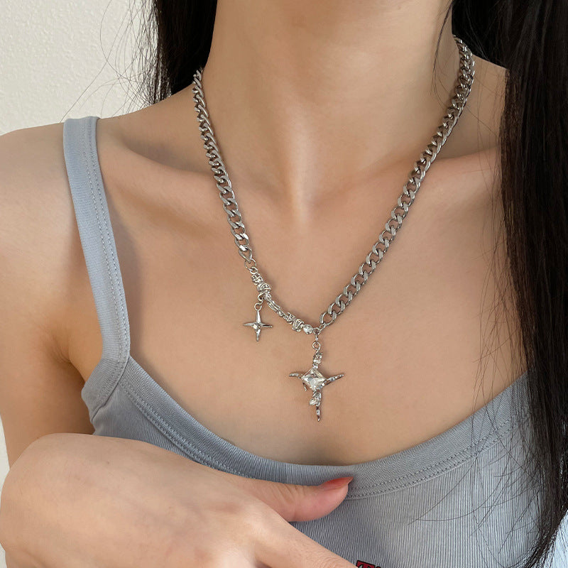 Square Diamond Star Cross Necklace Ins Hip Hop Neutral Trendy Cool Niche Collarbone Chain Female