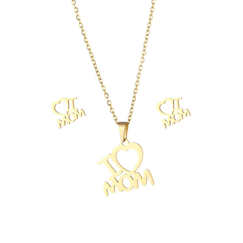 Mother's Day Necklace Female, Personalized Creative Mother Pendant Stud Earrings Set 18K Gold Hollow Collarbone Chain Wholesale