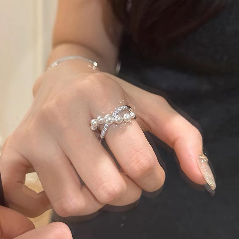 French Pearl Zircon Cross Design Ring, New High-end Fashion Versatile Ring, Open Light Luxury Wholesale