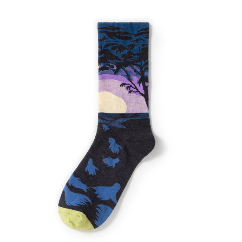 Oil Painting Socks Women's French Retro Ins Tide Autumn and Winter Abstract Tall Tube Creative Combed Cotton Women's Medium Tube Socks