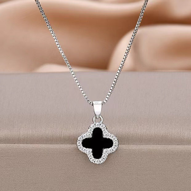 Gold Luxury Full Diamond Four-leaf Clover Necklace Women's Black and White Double-sided Design Sense Internet Celebrity Collarbone Chain 18k Gold-plated Neck Chain