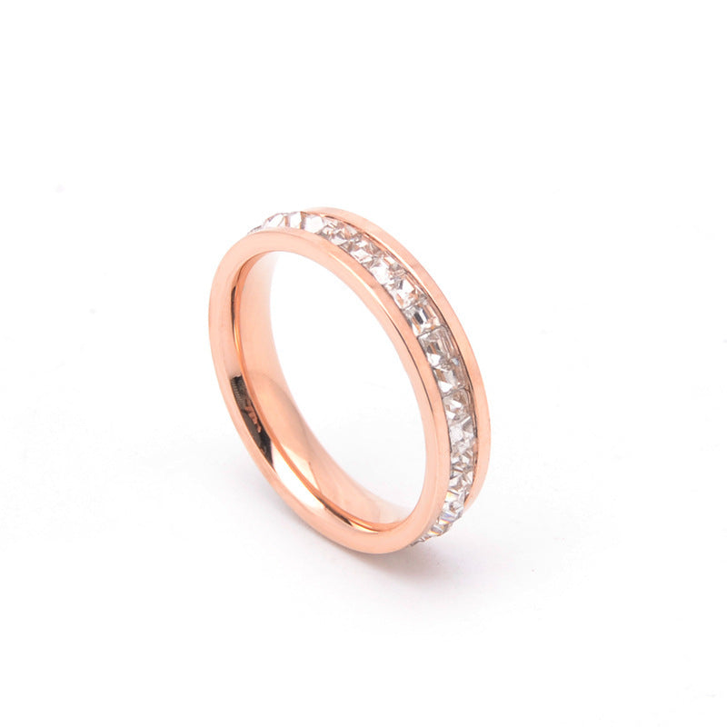 Hot Stainless Steel Single and Double Rows Full Diamond Titanium Steel Couple Ring Small Square Diamond Personalized Simple Temperament Ring Ring