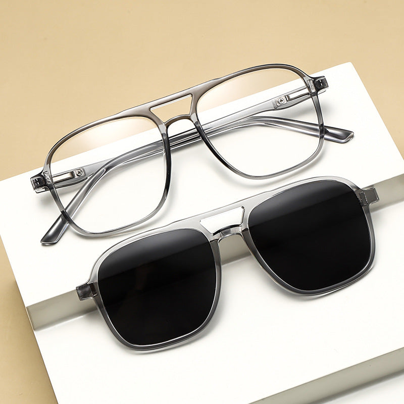 Double Beam Series Magnetic Sleeve Glasses Polygonal Polarized Sunglasses Men's European and American Cross Glasses with Degree Glasses 5-in-1 Sunglasses