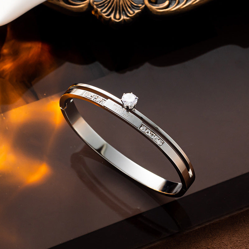 South Korea's New Super Flash Double-row Diamond Zircon Single Diamond Rose Gold Bracelet Hipster Personality Titanium Steel Bracelet Women's Jewelry - NiceOceanJewelry