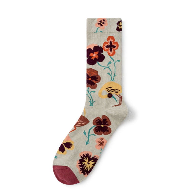 Oil Painting Socks Women's French Retro Ins Tide Autumn and Winter Abstract Tall Tube Creative Combed Cotton Women's Medium Tube Socks