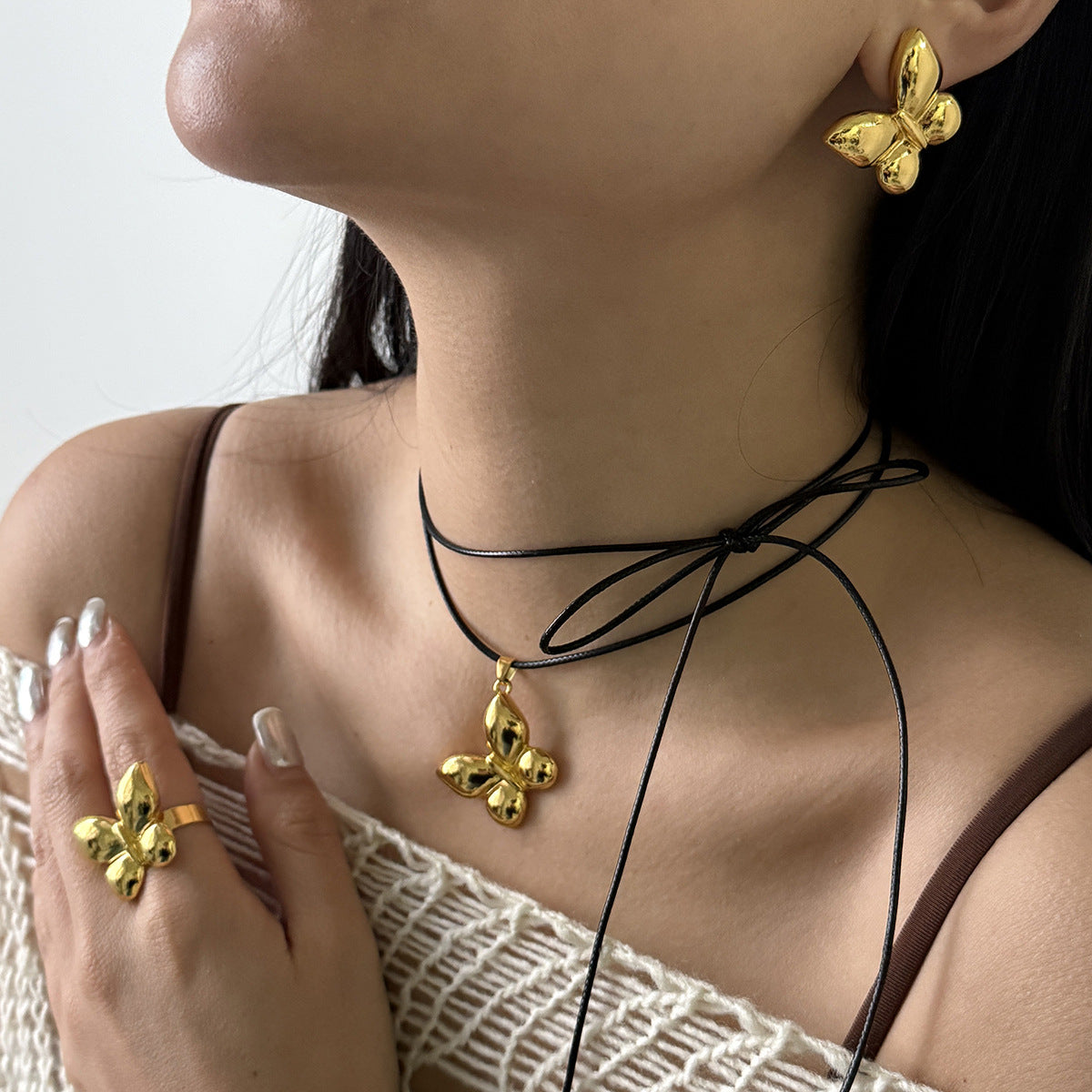 Personalized Design Retro Simple Butterfly Earrings, Temperament Fashion Alloy Ring Necklace