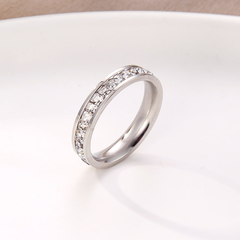 Hot Stainless Steel Single and Double Rows Full Diamond Titanium Steel Couple Ring Small Square Diamond Personalized Simple Temperament Ring Ring