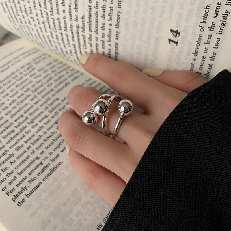 925 Sterling Silver Korean Version Ring Female Ins Niche Design Sense Exaggerated Personality Versatile Geometric Ball Light Pasta Ring