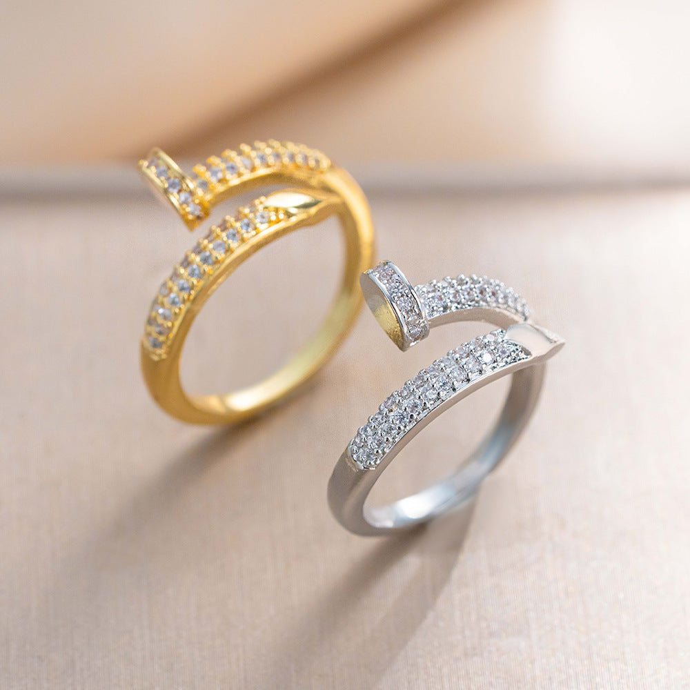 Fashion Light Luxury 18k Electroplated Nail-shaped Live Ring Women's Niche High-end Sense Opening Adjustable Ring Hot-selling