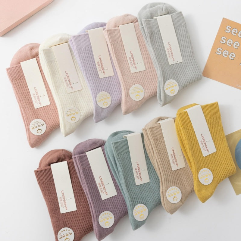 New Socks Women's Solid Color Double Needle Medium Tube Cotton Socks Spring and Autumn Thickened Warm Casual Stockings