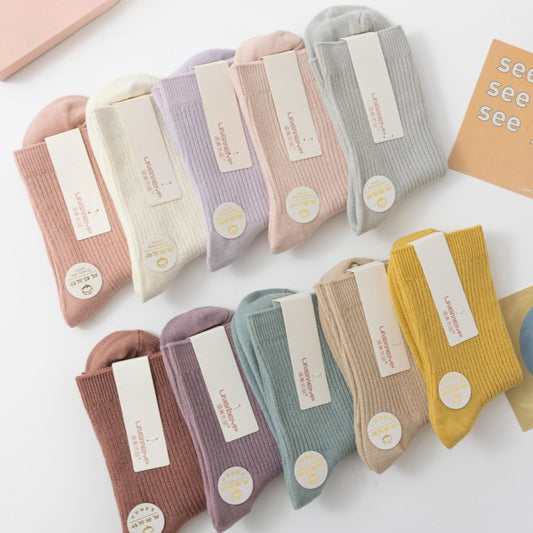 New Socks Women's Solid Color Double Needle Medium Tube Cotton Socks Spring and Autumn Thickened Warm Casual Stockings