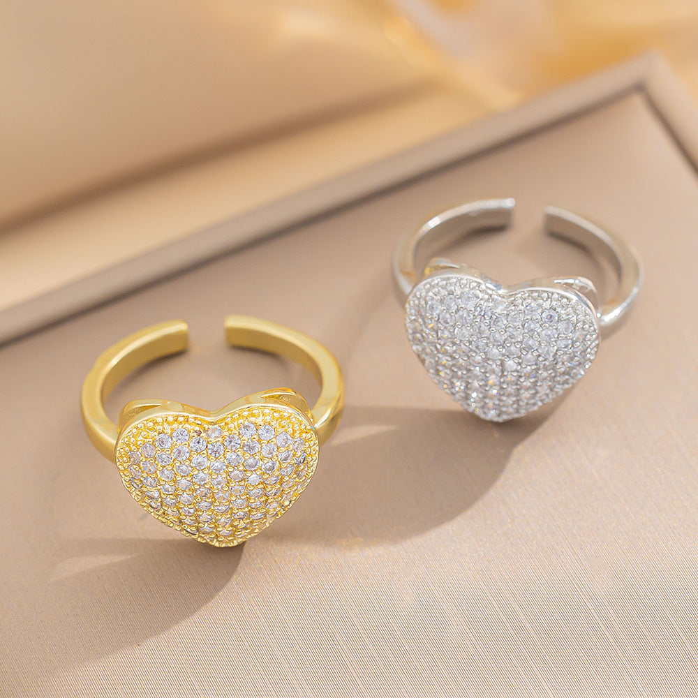 New Fashion Light Luxury Zircon Love Ring Women's INS Design Sense Niche Premium Open Ring