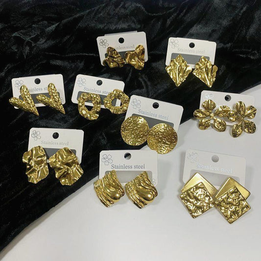 European and American Fashion Retro Stainless Steel Stud Earrings Five-leaf Hammer Pattern Large Earrings Women's Earrings