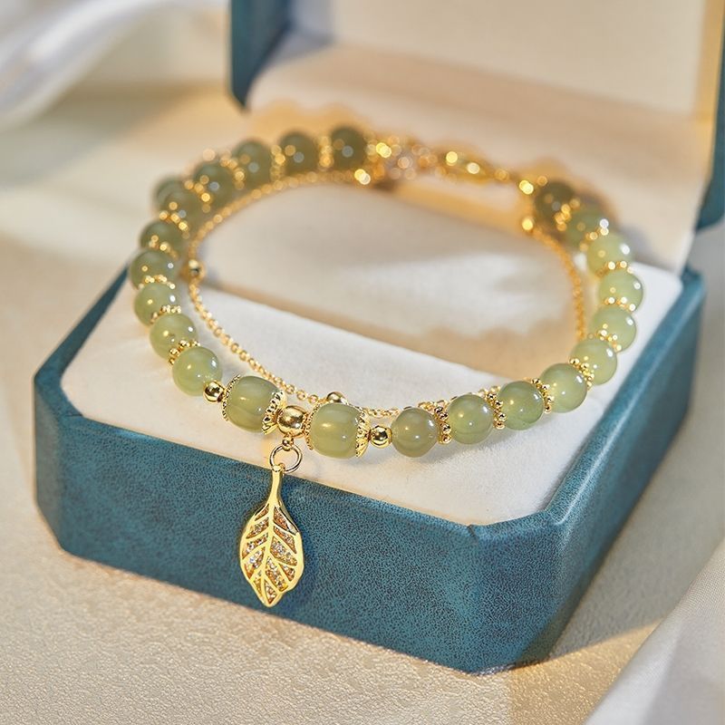 Golden Branch Jade Leaf Bracelet for Mom Birthday Gift Mother's Day Goddess Day Gift Niche Design Versatile Bracelet for Women