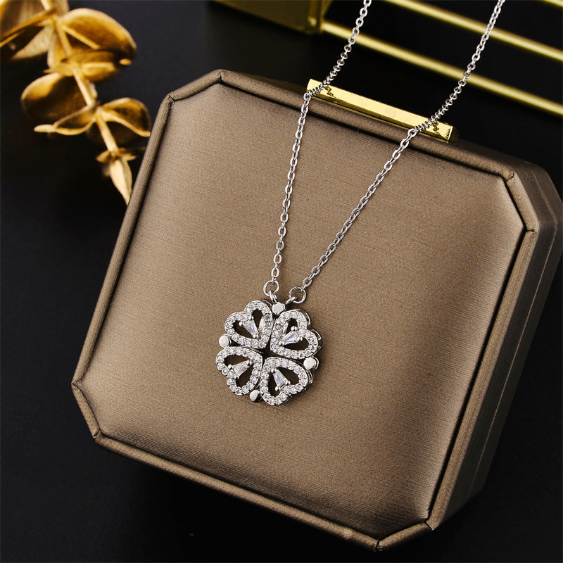 A Diamond Full of Small Hearts, A Woman Wearing A Four-leaf Clover Necklace Will Give Her Girlfriend A Titanium Steel Collarbone Chain Temperament Gift.
