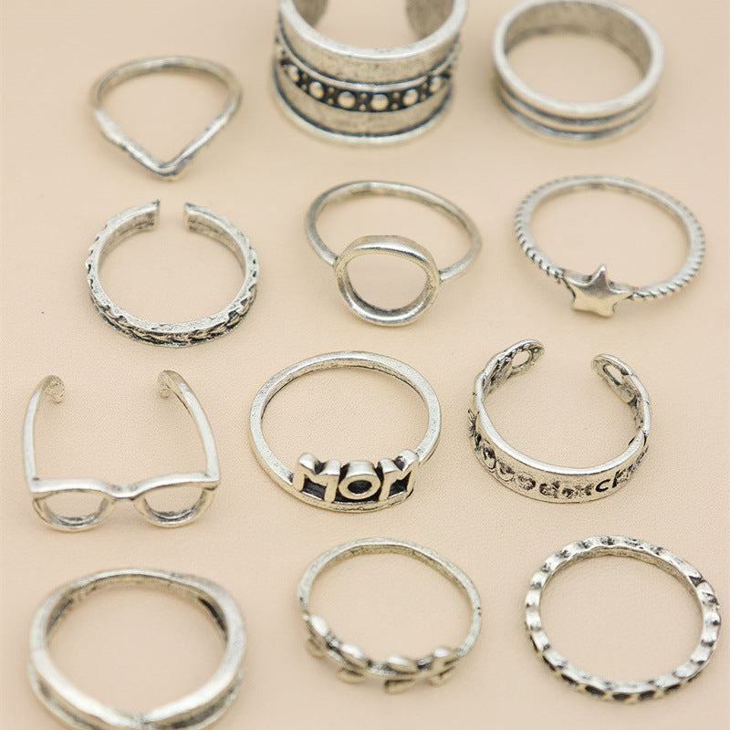 European and American Fashion Women's Personalized Glasses Star MOM Leaf Cross Silver 14-piece Set Joint Ring Set