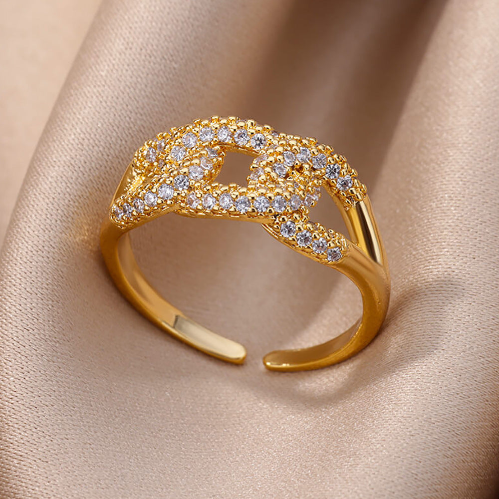 Women 18K Gold Plated Full Diamond Titanium Steel Non-Fading Opening Ring Zircon Leaf Ring