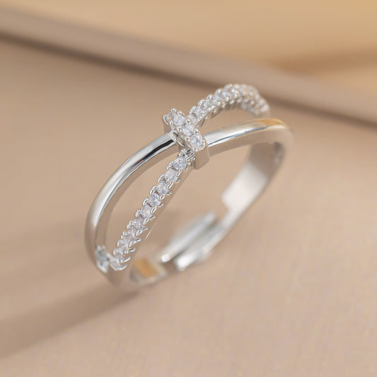 New Micro-inlaid Diamond Cross-kink Ring Women's Light Luxury European and American Style Personalized Opening Niche Design Ring