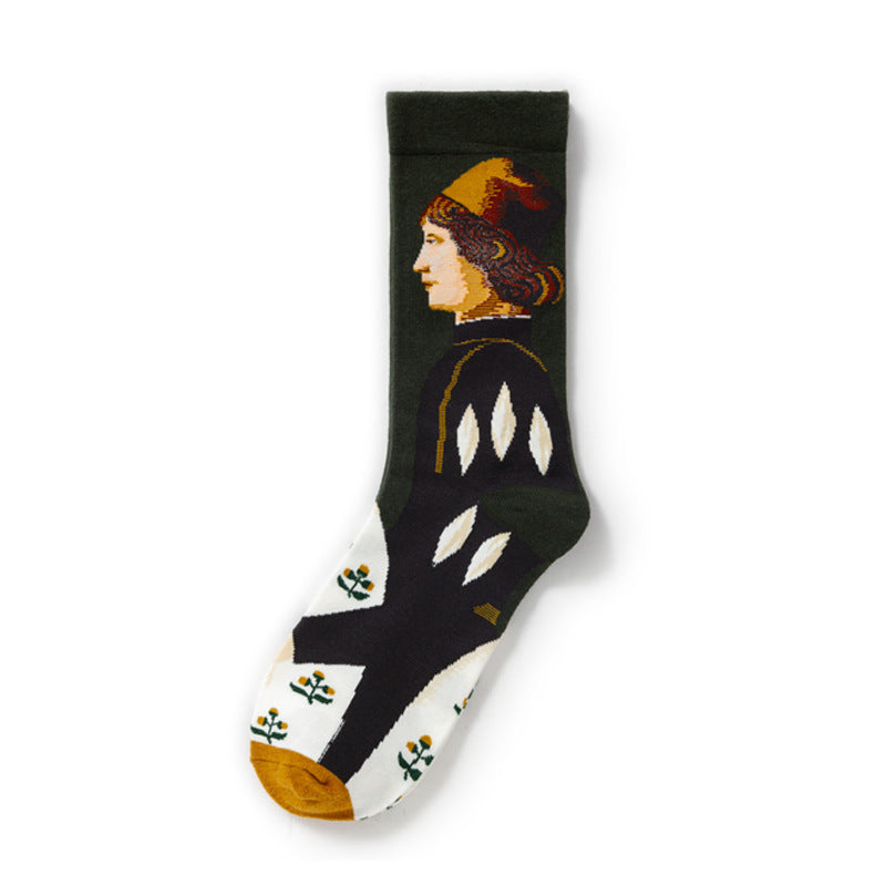 Oil Painting Socks Women's French Retro Ins Tide Autumn and Winter Abstract Tall Tube Creative Combed Cotton Women's Medium Tube Socks
