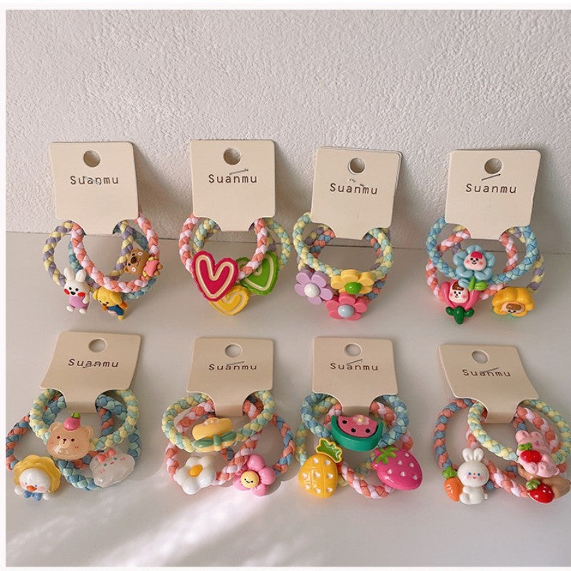 Spring New Children's Colorful Braided Headband Little Girl Ponytail Does Not Hurt Hair Cute Cartoon Flower Rubber Band