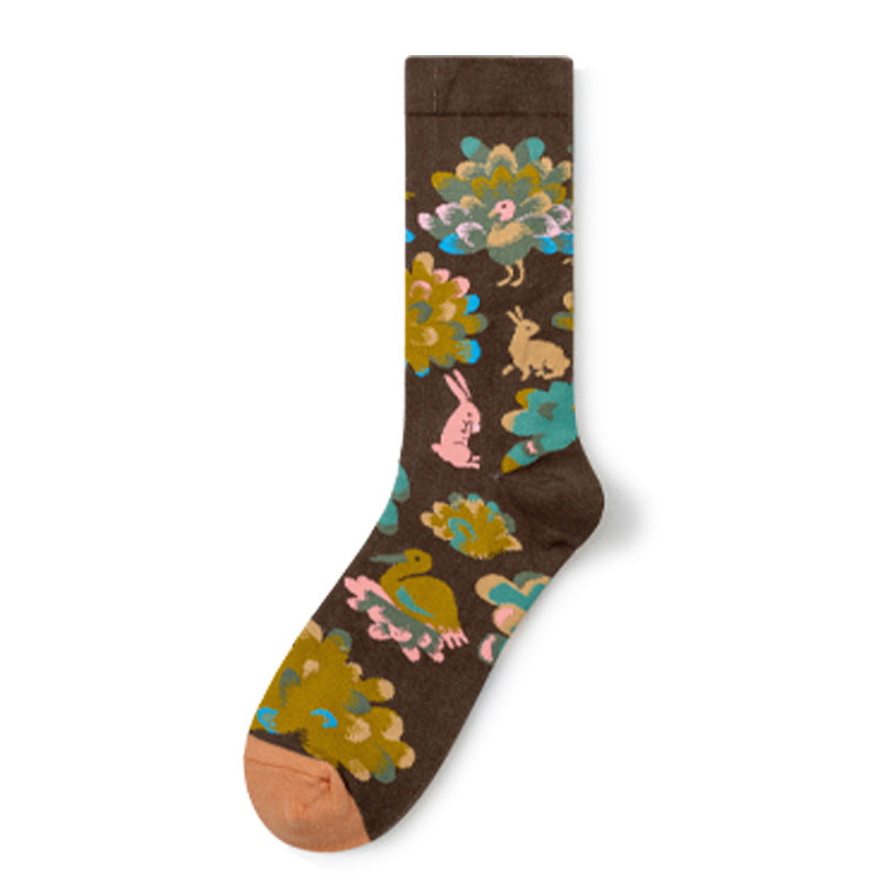 Oil Painting Socks Women's French Retro Ins Tide Autumn and Winter Abstract Tall Tube Creative Combed Cotton Women's Medium Tube Socks