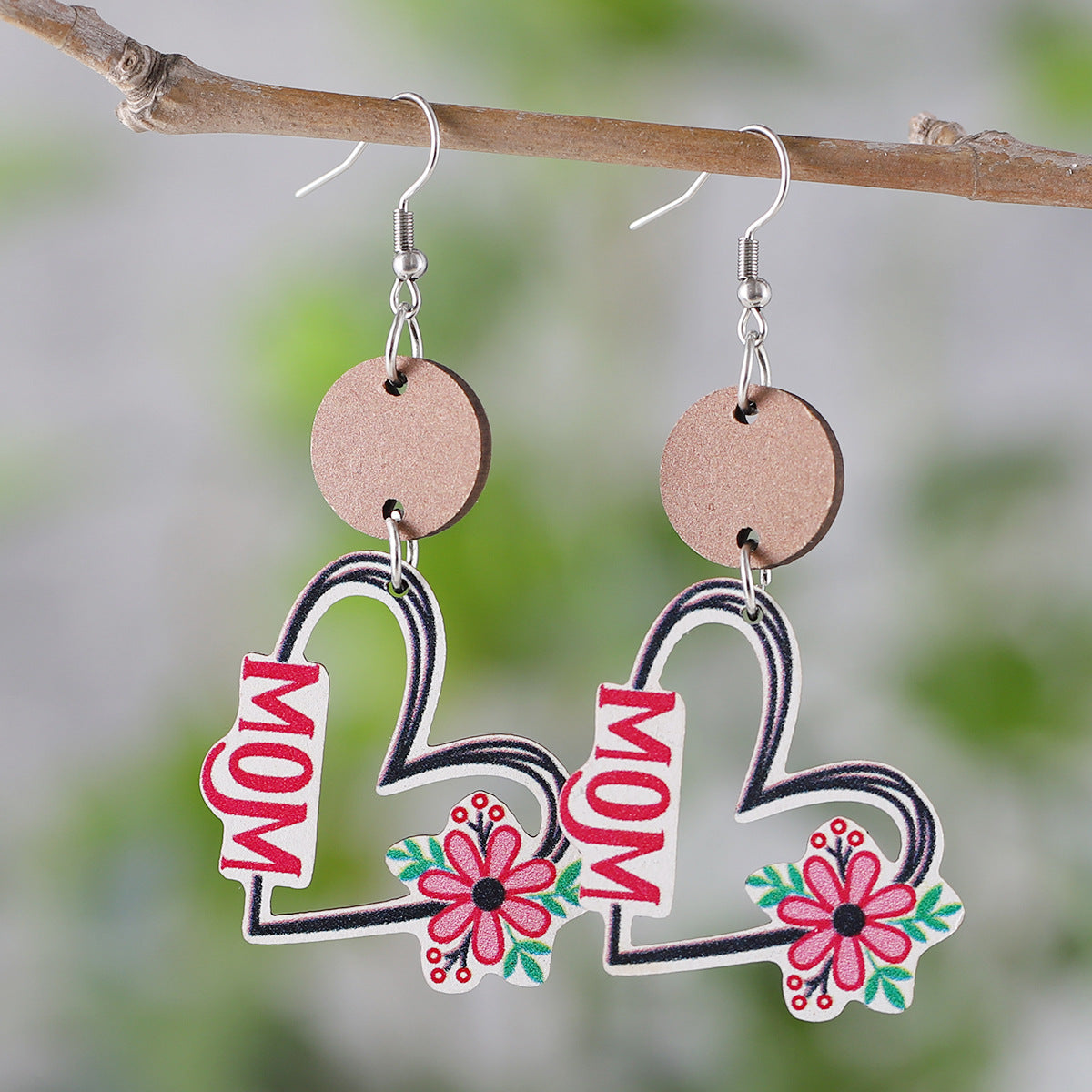 New Mother's Day MOM Flower Love Disc Splicing Pendant Earrings Wooden Double-sided Earrings Mother's Day Gift