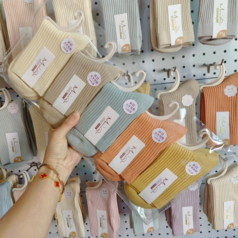 New Socks Women's Solid Color Double Needle Medium Tube Cotton Socks Spring and Autumn Thickened Warm Casual Stockings