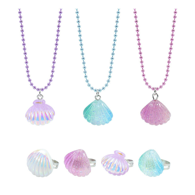New Shell Necklace Ring Ocean Series Children's Pendant Girl Pink Ring Party Friendship Jewelry