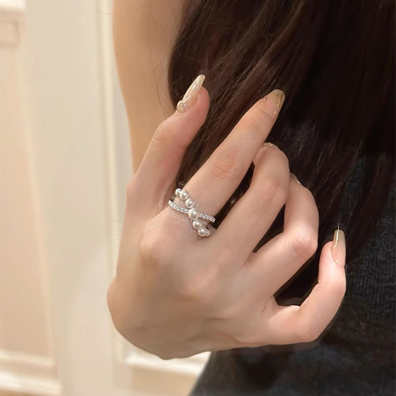French Pearl Zircon Cross Design Ring, New High-end Fashion Versatile Ring, Open Light Luxury Wholesale