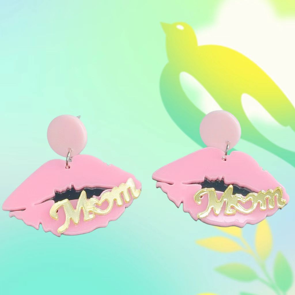 European and American Pink Lip Acrylic Earrings Women's High-end Personalized Earrings English MOM Mother's Day Earrings