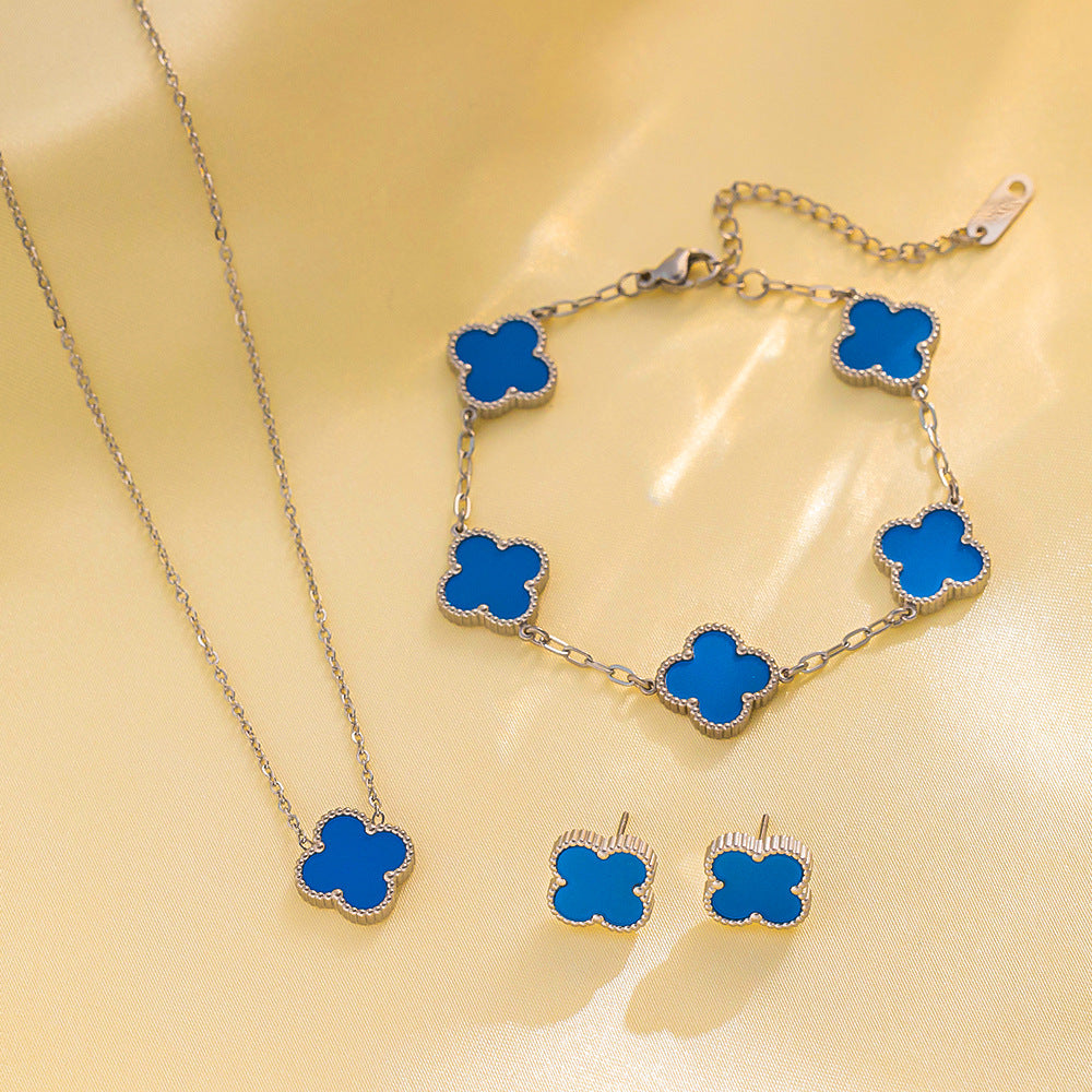 Four-leaf Clover Necklace 13MM Bracelet Stud Earrings Three-piece Set Versatile Lucky Four-leaf Clover Five-flower Bracelet Collarbone Chain Earrings