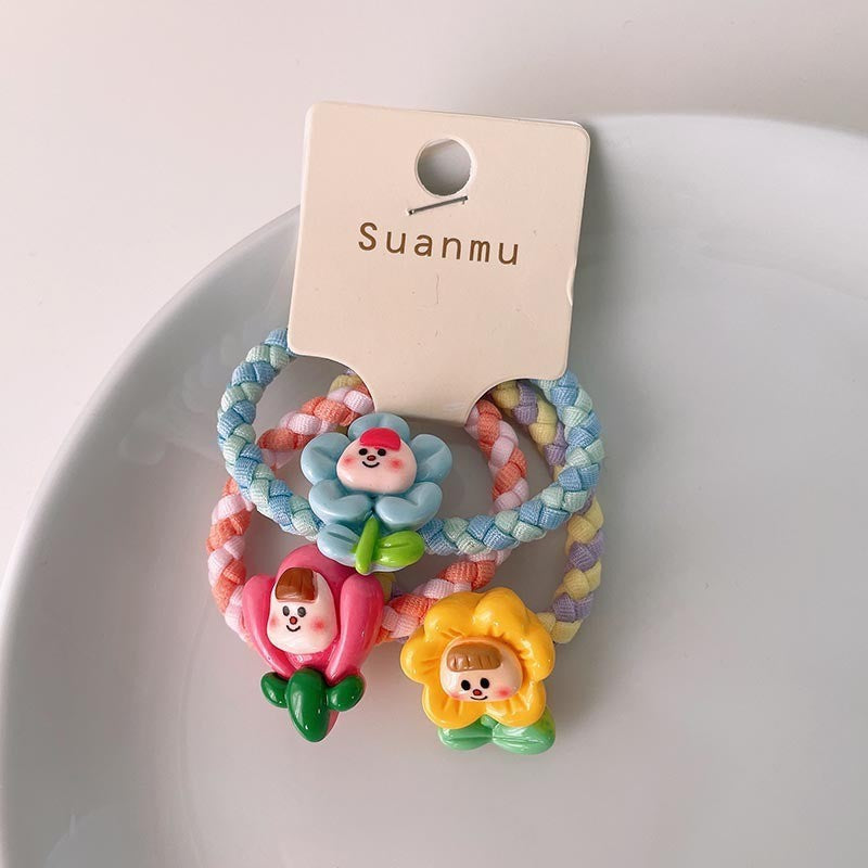 Spring New Children's Colorful Braided Headband Little Girl Ponytail Does Not Hurt Hair Cute Cartoon Flower Rubber Band