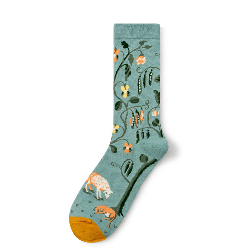 Oil Painting Socks Women's French Retro Ins Tide Autumn and Winter Abstract Tall Tube Creative Combed Cotton Women's Medium Tube Socks