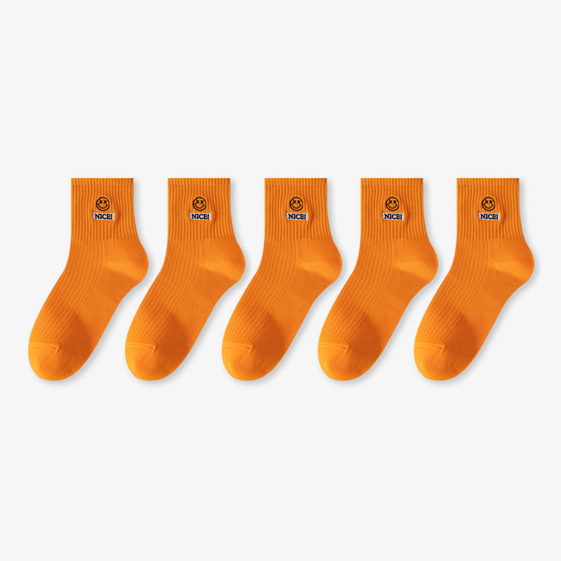 Smiley Sports Socks Sweat-absorbing Japanese Student Socks Spring, Autumn and Winter Medium Tube Socks Women's Wholesale