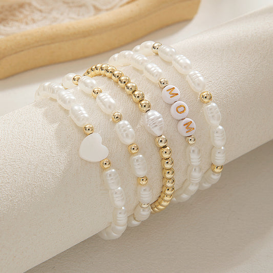 Fashion Mother's Day Hearts CCB Pearl Beaded Waterproof Wax Thread Braided Stretch Women's Bracelet
