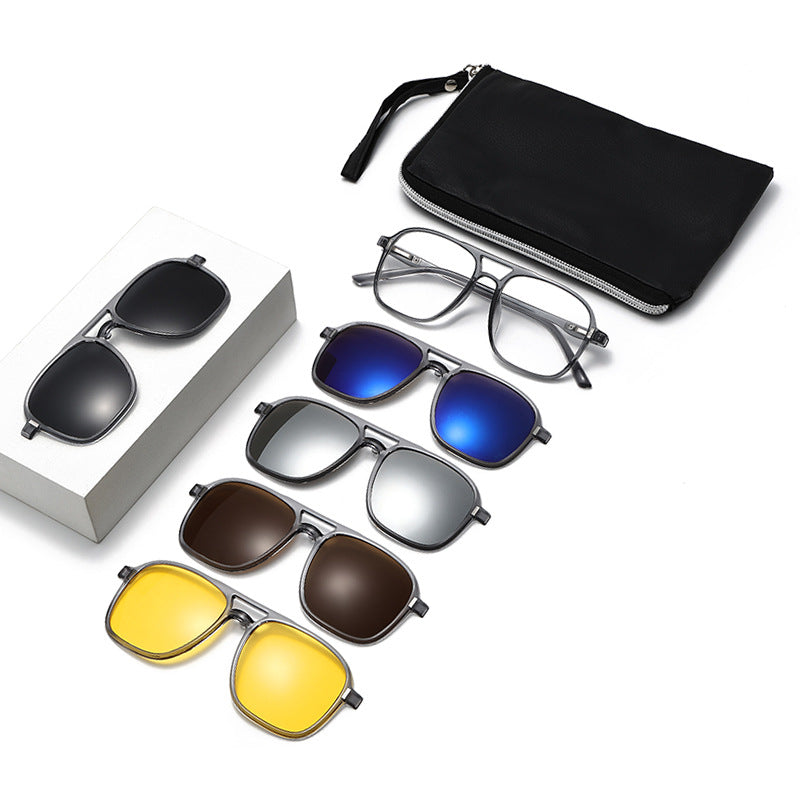 Double Beam Series Magnetic Sleeve Glasses Polygonal Polarized Sunglasses Men's European and American Cross Glasses with Degree Glasses 5-in-1 Sunglasses
