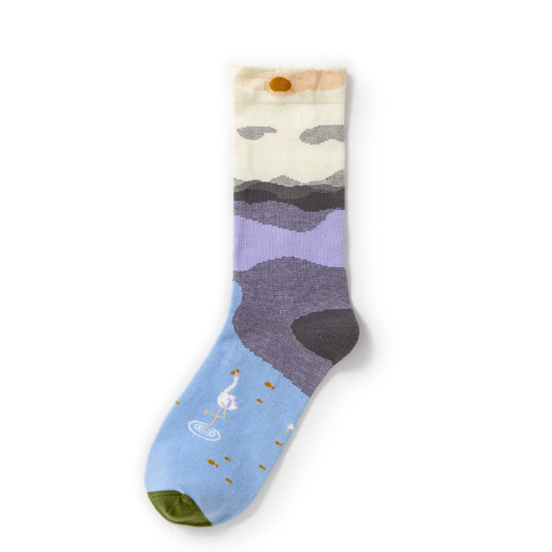 Oil Painting Socks Women's French Retro Ins Tide Autumn and Winter Abstract Tall Tube Creative Combed Cotton Women's Medium Tube Socks