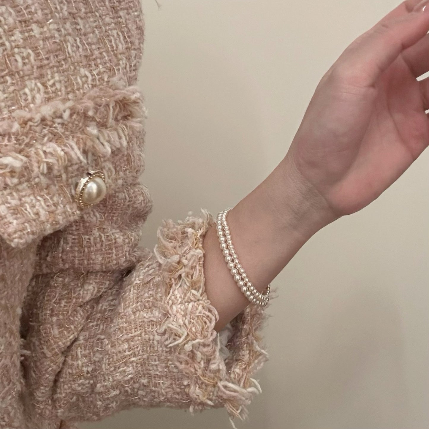 S925 Sterling Silver Simple Bead Pearl Elastic Bracelet Female Niche Versatile High-end Blogger Same Style