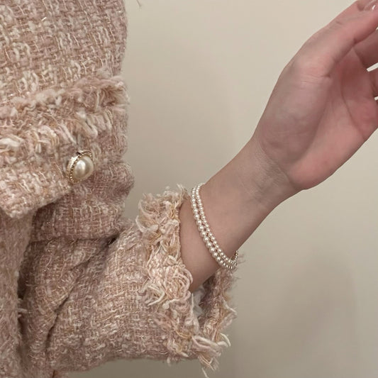 S925 Sterling Silver Simple Bead Pearl Elastic Bracelet Female Niche Versatile High-end Blogger Same Style