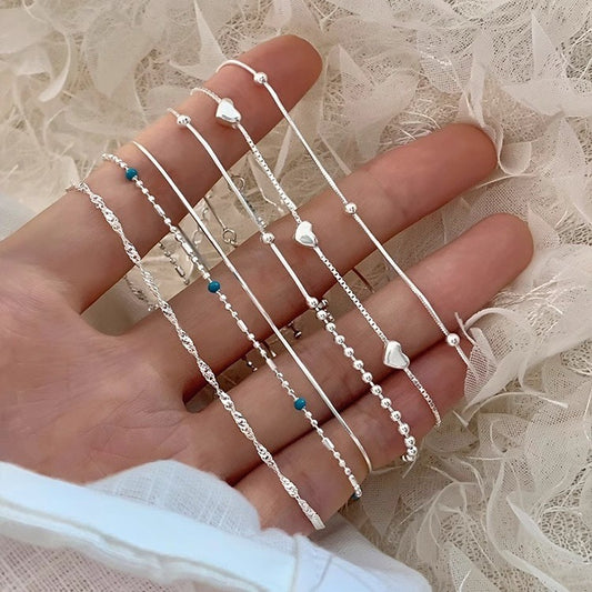 S925 Sterling Silver Star Love Blue Silver Bead Bracelet Women's Niche Design Sense Simple and Versatile Daily Bracelet Jewelry