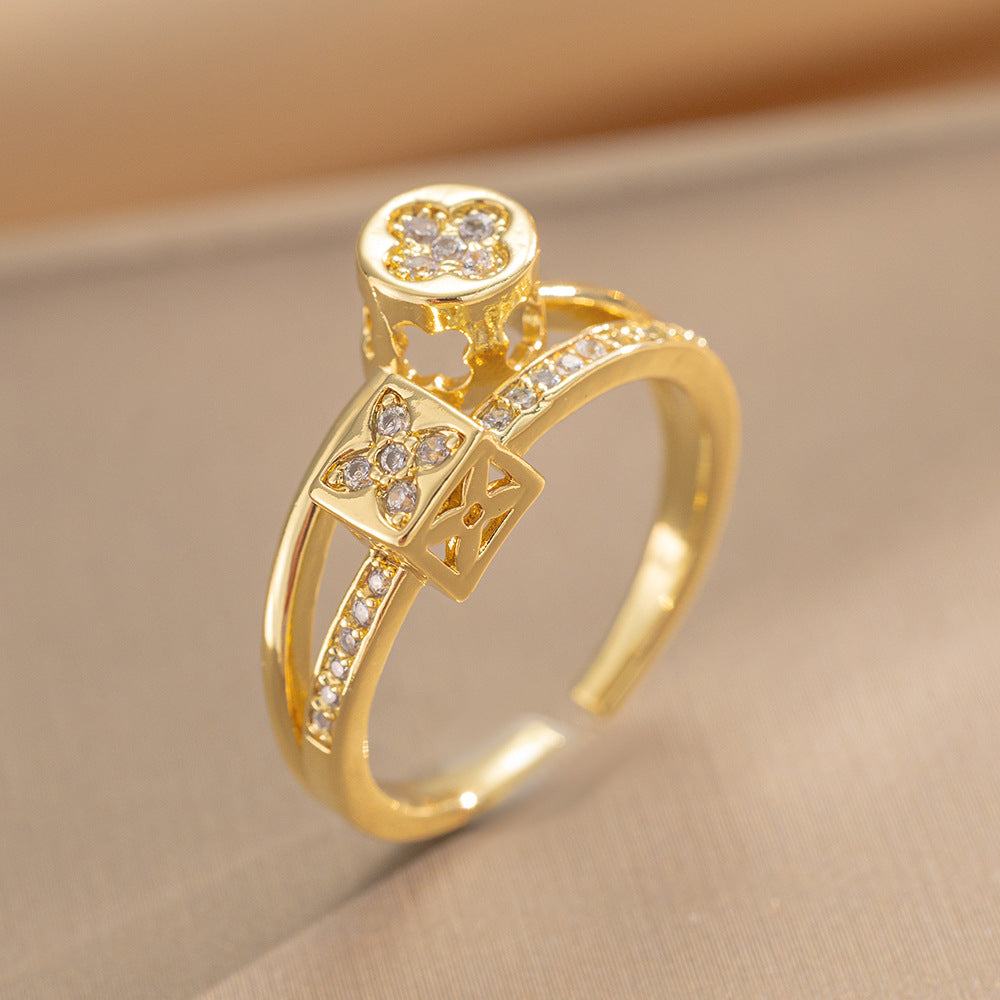 South Korea Dongdaemun Double-layer Micro-inlaid Zircon Ring Simple Female Fashion Personality Cold Wind Open Ring Female