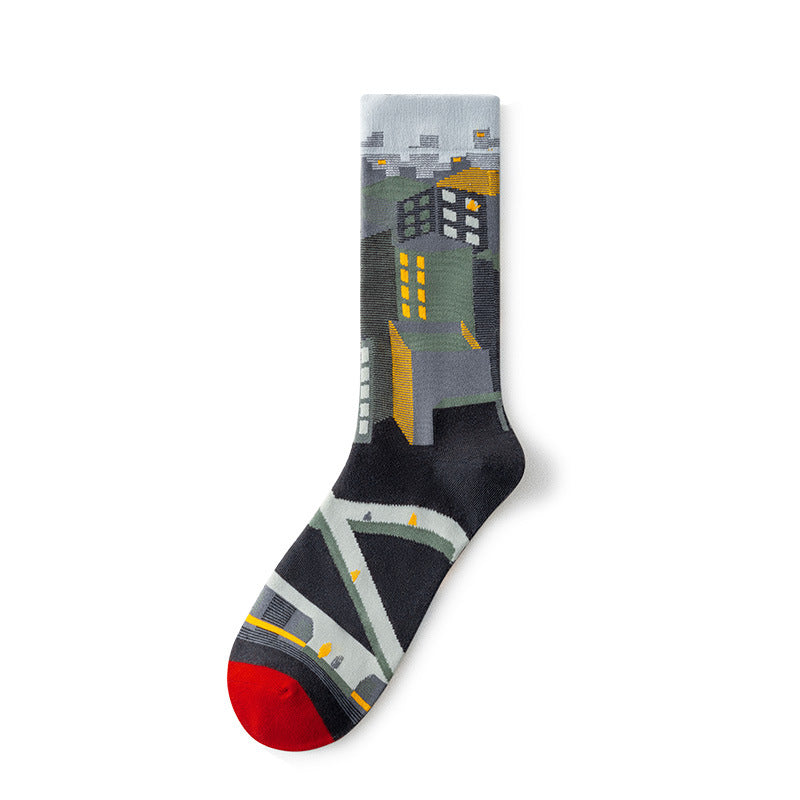 Oil Painting Socks Women's French Retro Ins Tide Autumn and Winter Abstract Tall Tube Creative Combed Cotton Women's Medium Tube Socks