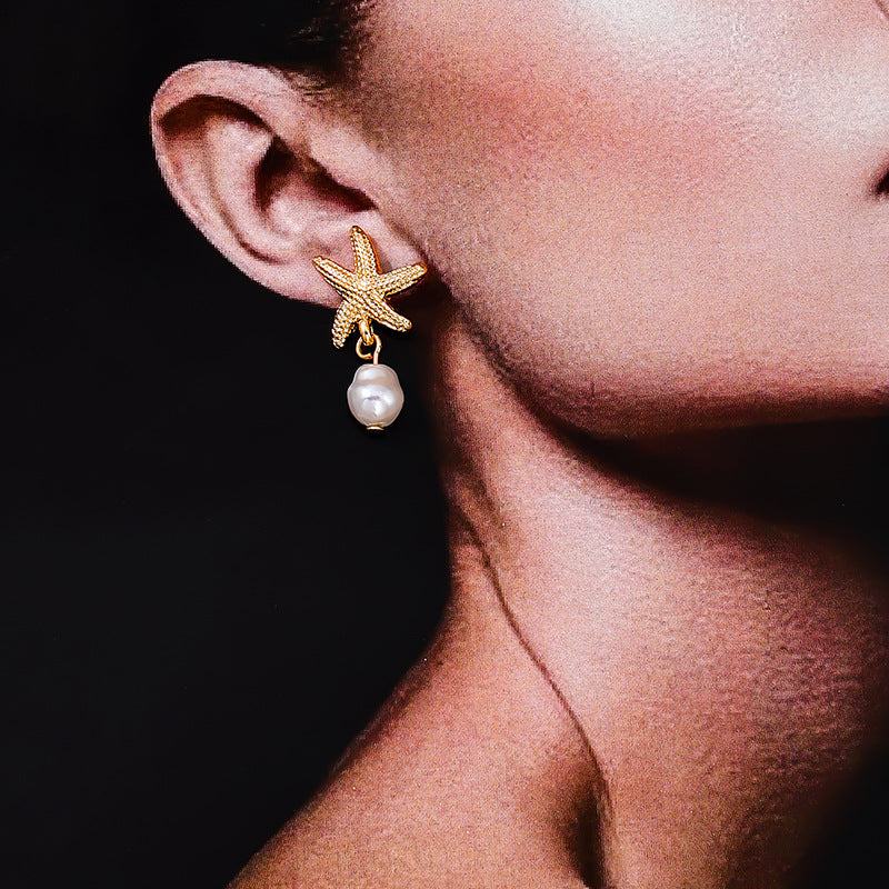 1 Pair of European and American Summer New Temperament Metal Starfish Pearl Fringed Women's Earrings Earrings Holiday Style