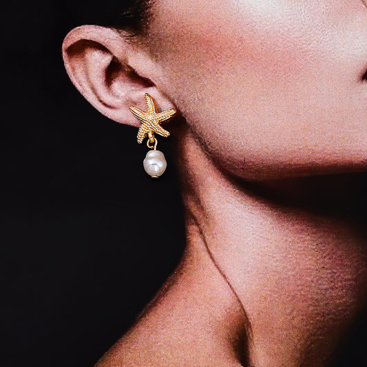 1 Pair of European and American Summer New Temperament Metal Starfish Pearl Fringed Women's Earrings Earrings Holiday Style