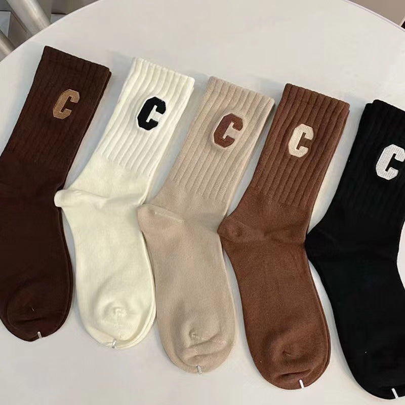 Korean Version of Socks Women's Medium Tube Vertical Pattern Thin Ins Versatile High Value Mori School Letters Spring and Autumn Trendy Socks Women