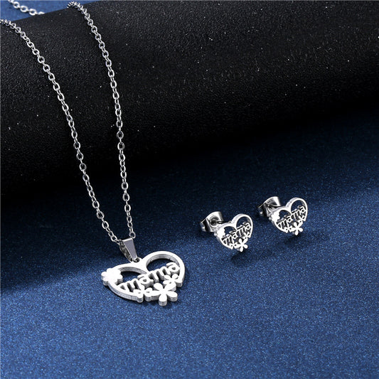 Simple Heart-shaped English Letter Mom Mom Necklace Female Flower Love Collarbone Chain Stud Earrings Set